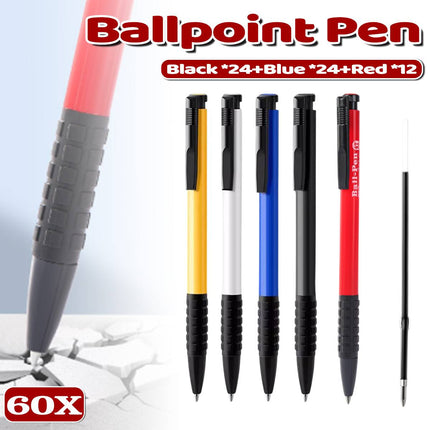 60Pcs 0.7mm Press-Style Ballpoint Pen Smooth Glide Office School Supplies Set