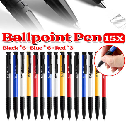 15Pcs Push Button Ballpoint Pen 3 Colour Mixed Office School Stationery Pens