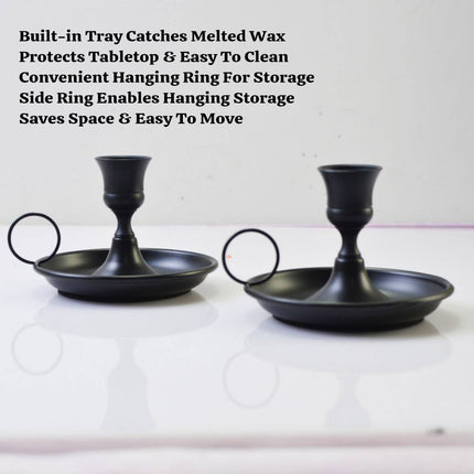 Nordic Iron Candle Holder Set 2pcs Matte Black Tray Ring Handle 12.3 x 7.5cm