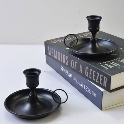 Nordic Iron Candle Holder Set 2pcs Matte Black Tray Ring Handle 12.3 x 7.5cm