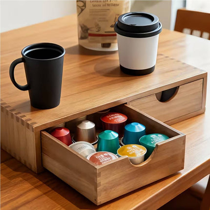 Wooden Coffee Capsule Holder Double Drawer Coffee Machine Stand Countertop Use