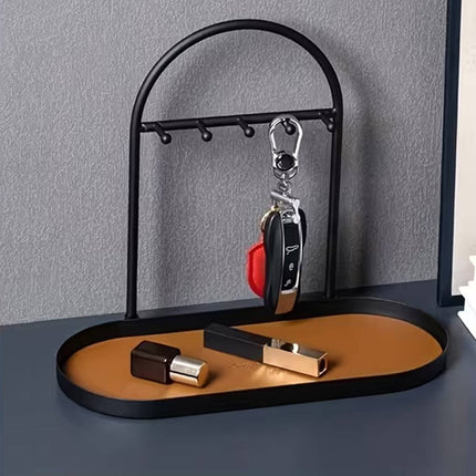 Entryway Iron Key Storage Rack with Leather Tray - 5 Hook Hanging Organiser