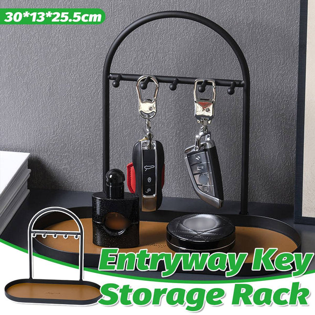Entryway Iron Key Storage Rack with Leather Tray - 5 Hook Hanging Organiser
