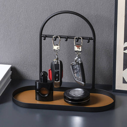 Entryway Iron Key Storage Rack with Leather Tray - 5 Hook Hanging Organiser