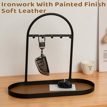 Entryway Iron Key Storage Rack with Leather Tray - 5 Hook Hanging Organiser