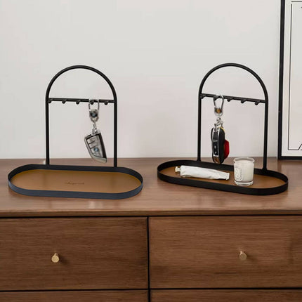 Entryway Iron Key Storage Rack with Leather Tray - 5 Hook Hanging Organiser