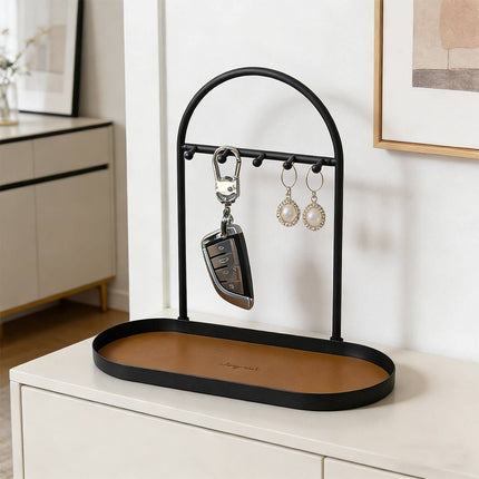 Entryway Iron Key Storage Rack with Leather Tray - 5 Hook Hanging Organiser