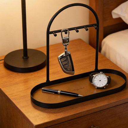 Entryway Iron Key Storage Rack with Leather Tray - 5 Hook Hanging Organiser