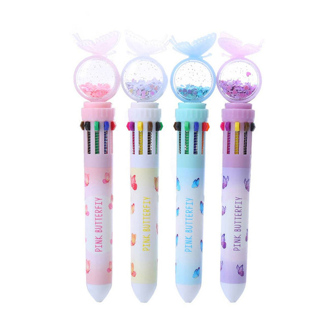 Butterfly 10 Colour Press Ballpoint Pen Sequin Dome Stationery 0.7mm