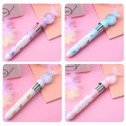 Butterfly 10 Colour Press Ballpoint Pen Sequin Dome Stationery 0.7mm
