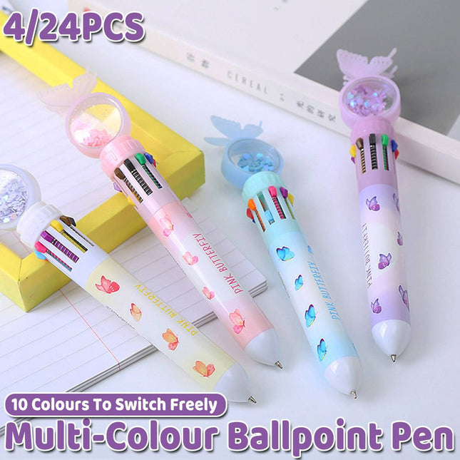 Butterfly 10 Colour Press Ballpoint Pen Sequin Dome Stationery 0.7mm