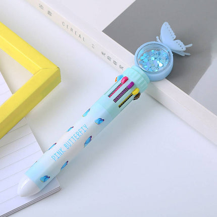 Butterfly 10 Colour Press Ballpoint Pen Sequin Dome Stationery 0.7mm