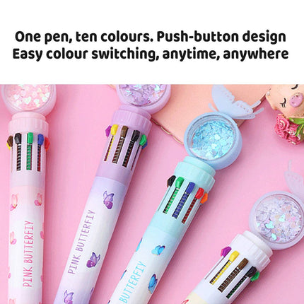 Butterfly 10 Colour Press Ballpoint Pen Sequin Dome Stationery 0.7mm