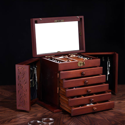 Multi-Layer Wooden Jewelry Box with Mirror Lock - Necklace Ring Storage Case