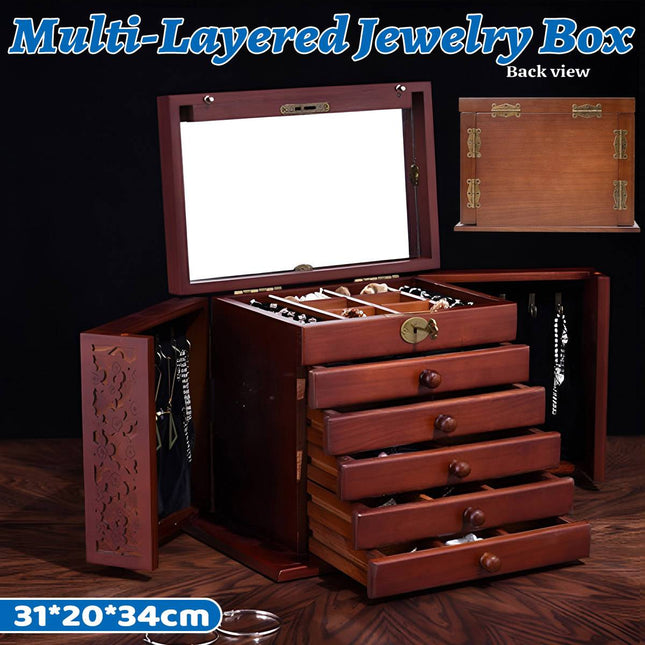 Multi-Layer Wooden Jewelry Box with Mirror Lock - Necklace Ring Storage Case
