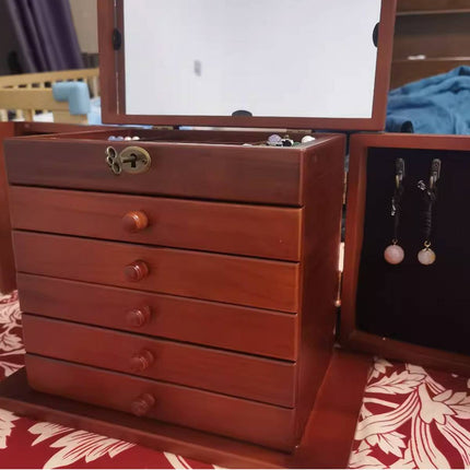 Multi-Layer Wooden Jewelry Box with Mirror Lock - Necklace Ring Storage Case