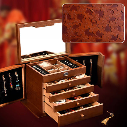 Multi-Layer Wooden Jewelry Box with Mirror Lock - Necklace Ring Storage Case
