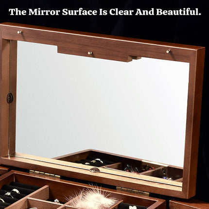 Multi-Layer Wooden Jewelry Box with Mirror Lock - Necklace Ring Storage Case
