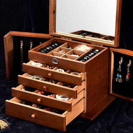 Multi-Layer Wooden Jewelry Box with Mirror Lock - Necklace Ring Storage Case