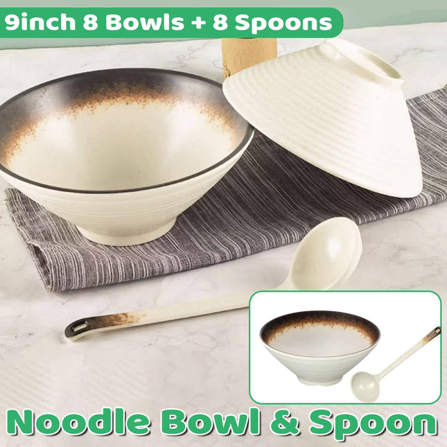 Melamine Ramen Noodle Bowl and Spoon Set - 8 Bowls 9 inch Japanese Style