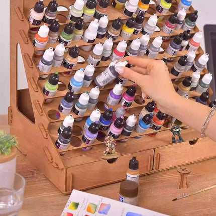 Tiered Wooden Paint Storage Rack with Drawers - Desktop Art Supply Organiser