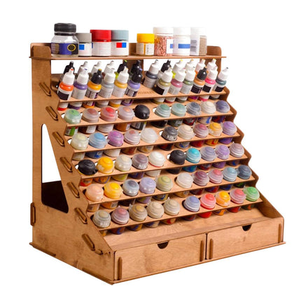 Tiered Wooden Paint Storage Rack with Drawers - Desktop Art Supply Organiser