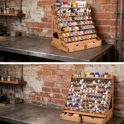 Tiered Wooden Paint Storage Rack with Drawers - Desktop Art Supply Organiser