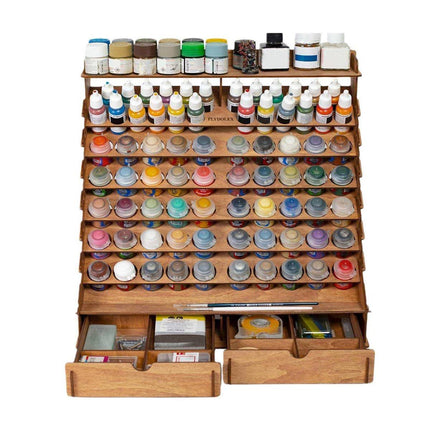 Tiered Wooden Paint Storage Rack with Drawers - Desktop Art Supply Organiser