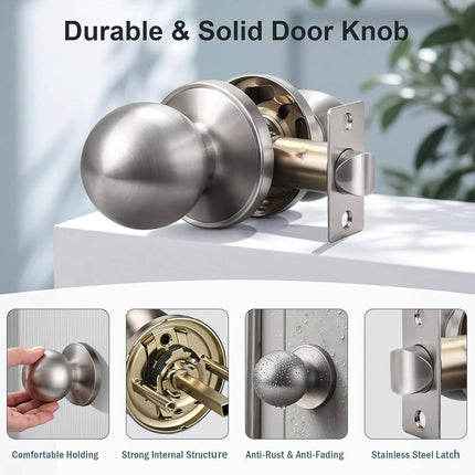 Stainless Steel Spherical Door Knob Keyless Passage Lock Interior Round Handle