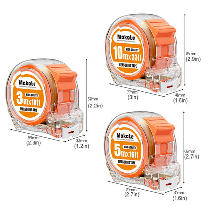 Clear Case Steel Tape Measure Set 3m 5m 10m Trio