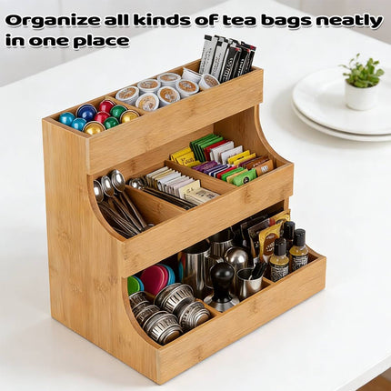 3 Tier Bamboo Storage Rack Tea Bag Coffee Pod Organizer For Countertop Kitchen