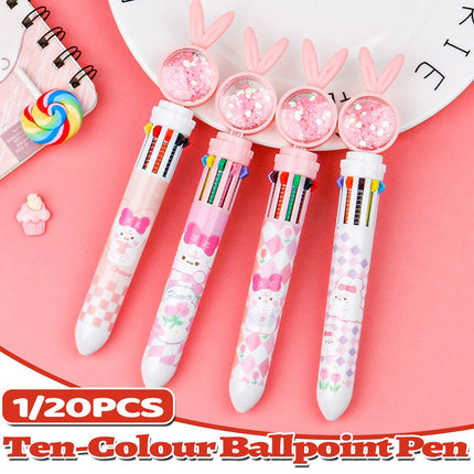 1/20Pcs Cute Cartoon Push Click 10 Colour Ballpoint Pen Set Office School Supply