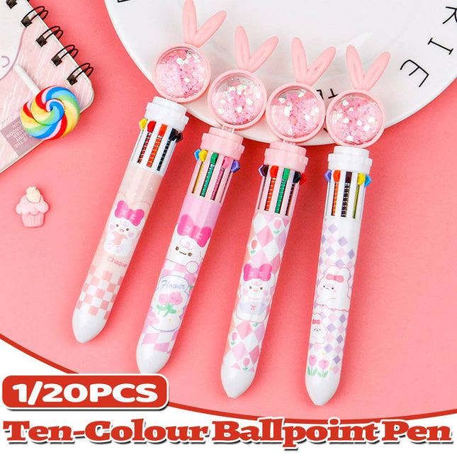 1/20Pcs Cute Cartoon Push Click 10 Colour Ballpoint Pen Set Office School Supply