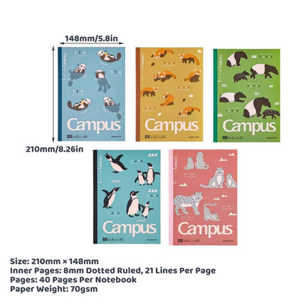 KOKUYO Campus A5 Animal Lined Notebooks 5 Pack 40 Sheets