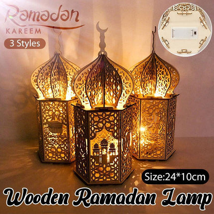 Eid Mubarak Muslim LED Night Light Ramadan Lamp Decor Lights Wooden Lantern - Aimall