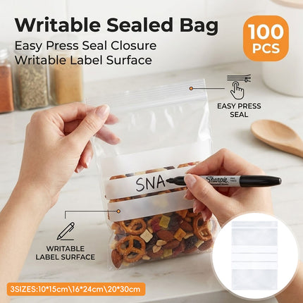 Writable Zip Seal Food Bags 100 Pack Three Sizes