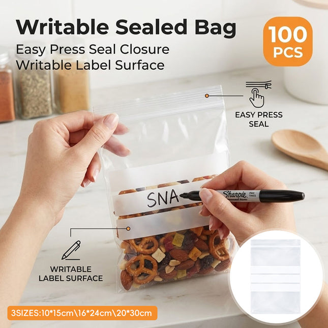 Writable Zip Seal Food Bags 100 Pack Three Sizes