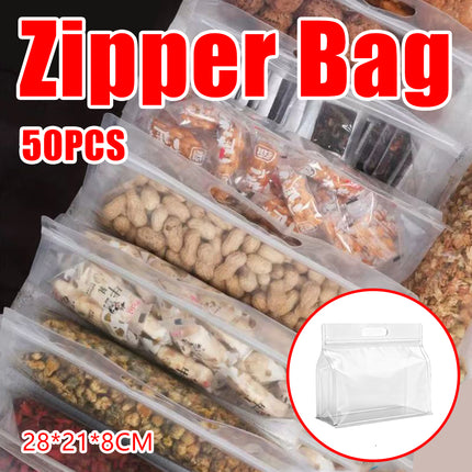 50PCS Clear Reusable Zipper Bags Thick Food Grade PE Storage Bags for Snack Fruit