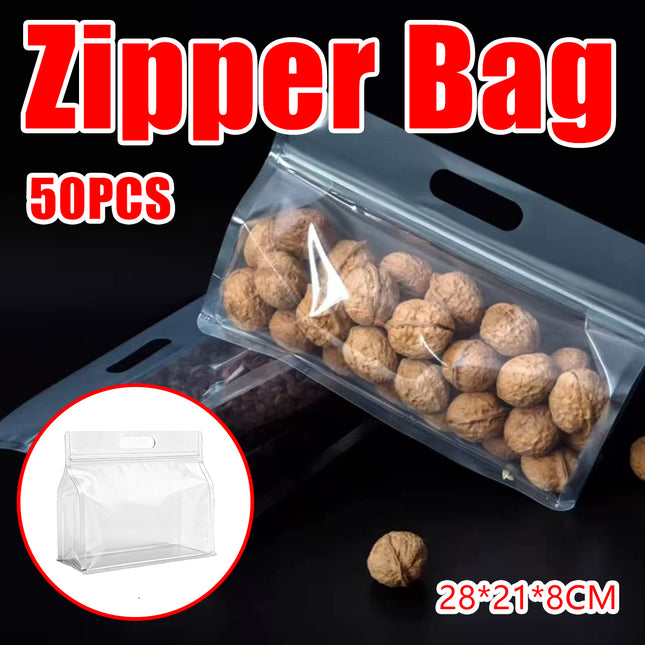 50PCS Clear Reusable Zipper Bags Thick Food Grade PE Storage Bags for Snack Fruit
