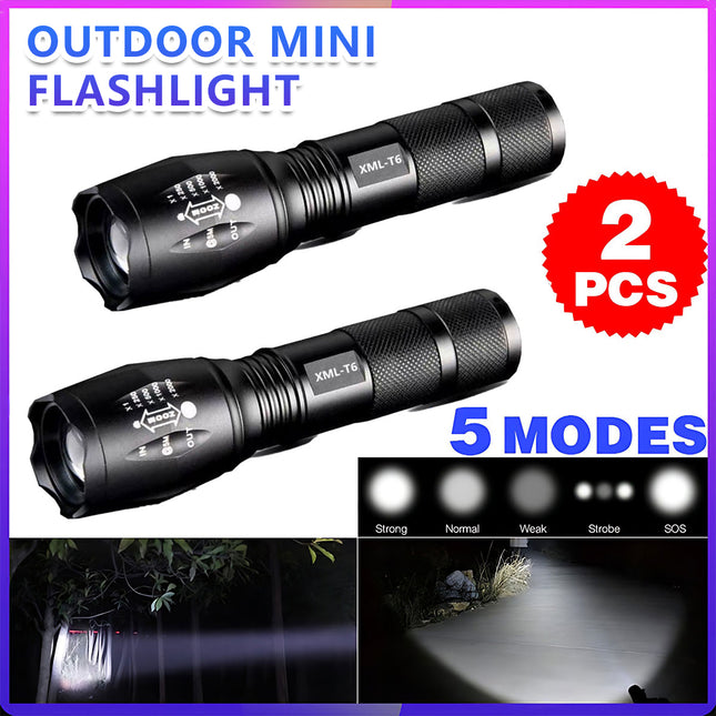 2PCS Tactical LED Flashlight Zoom Torch with 5 Modes Waterproof Outdoor Use