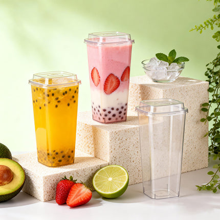 50PCS Fruit Tea Cup With Lid And Fork Large Capacity 650/960ml Drink Takeaway