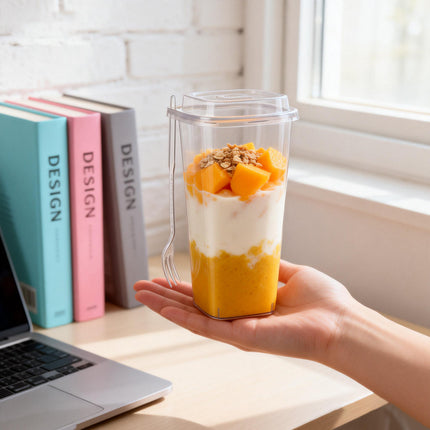 50PCS Fruit Tea Cup With Lid And Fork Large Capacity 650/960ml Drink Takeaway