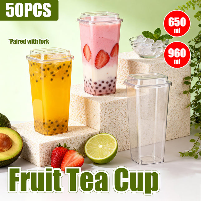 50PCS Fruit Tea Cup With Lid And Fork Large Capacity 650/960ml Drink Takeaway