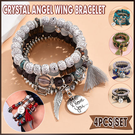 Boho Multilayer Bracelet Set with Turquoise Crystal Tassel and Charms for Women