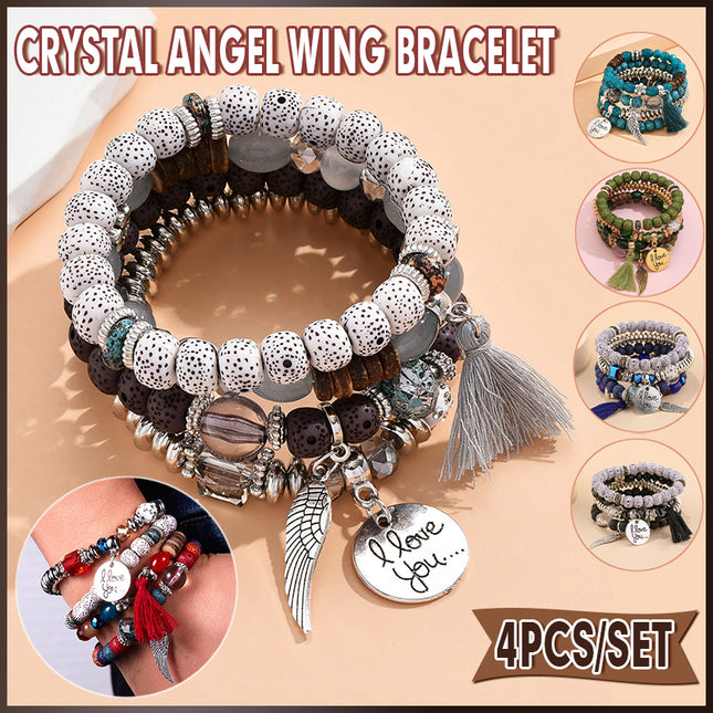 Boho Multilayer Bracelet Set with Turquoise Crystal Tassel and Charms for Women