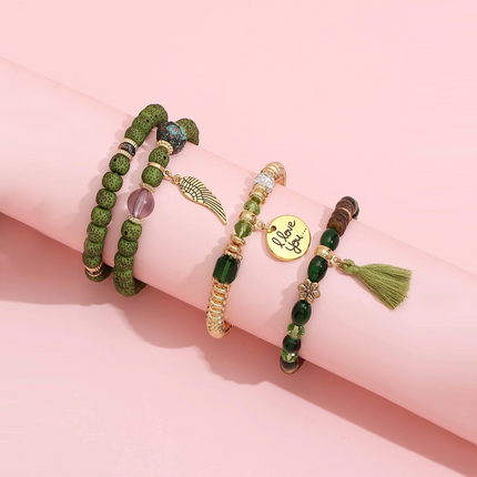 Boho Multilayer Bracelet Set with Turquoise Crystal Tassel and Charms for Women