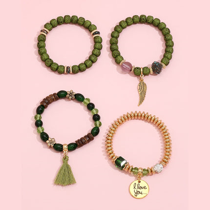 Boho Multilayer Bracelet Set with Turquoise Crystal Tassel and Charms for Women