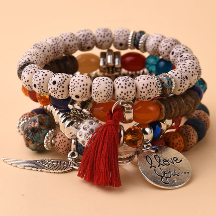 Boho Multilayer Bracelet Set with Turquoise Crystal Tassel and Charms for Women