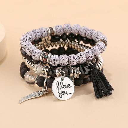 Boho Multilayer Bracelet Set with Turquoise Crystal Tassel and Charms for Women