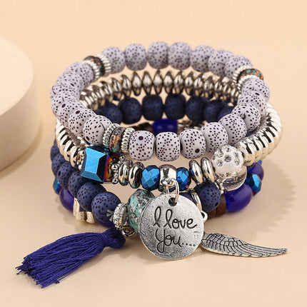 Boho Multilayer Bracelet Set with Turquoise Crystal Tassel and Charms for Women